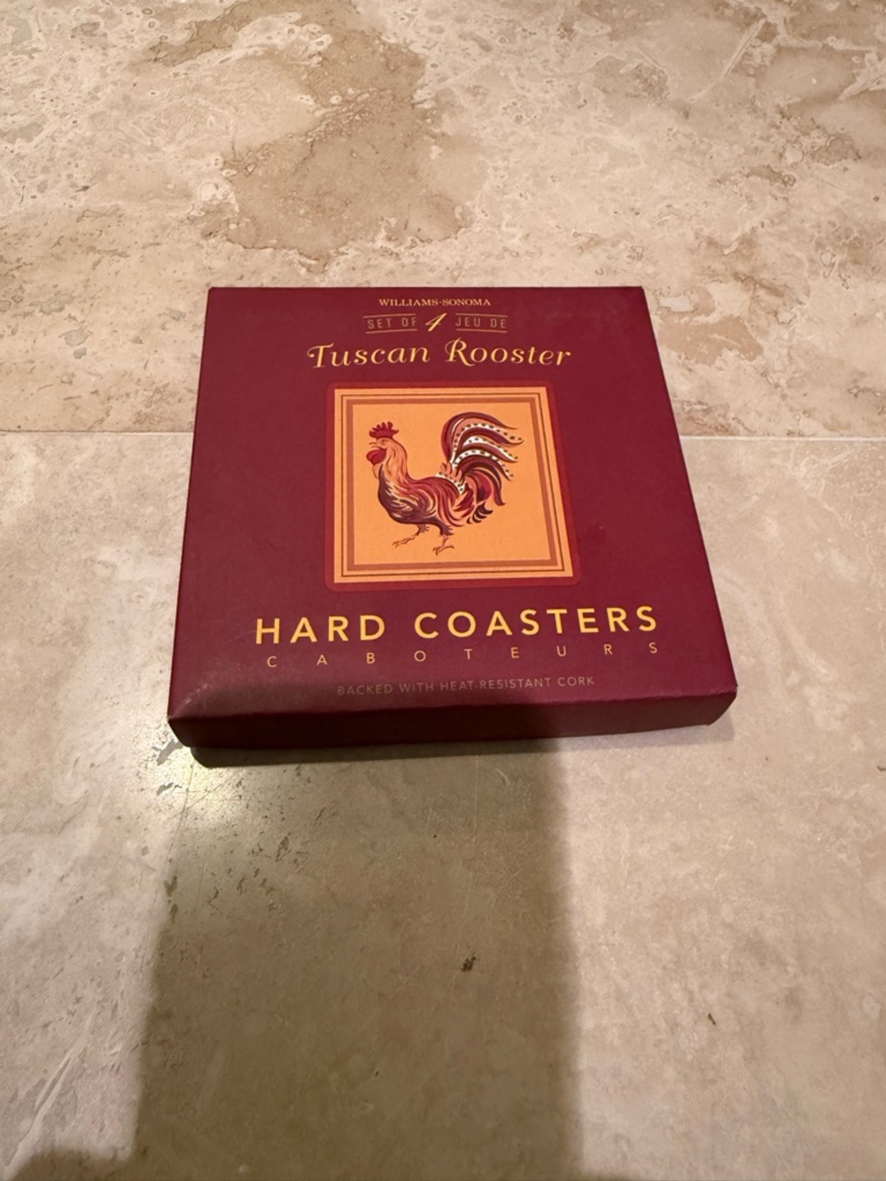 Williams Sonoma Tuscan Rooster Hard Coaster Set - Burgundy and Orange/Gold